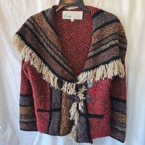 Curio New York Knit Cardigan Shawl Neck Fringe Striped Boho Southwestern Sz M